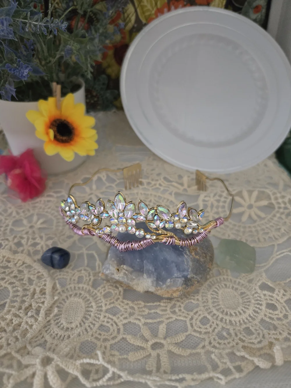 Handcrafted Crystal Leaf Tiara Headband Iridescent Pink Bridal Festival Crown